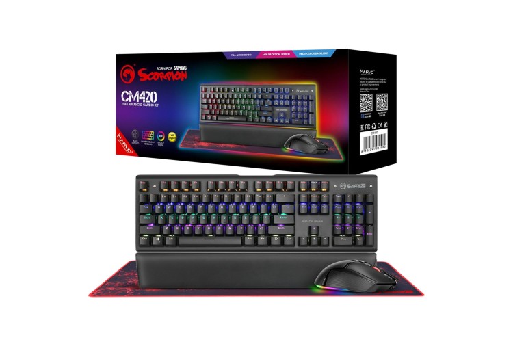 Marvo Scorpion CM420-UK 3-in-1 Gaming Bundle, Keyboard, Mouse and Mouse Pad Wired USB 2.0,RGB,Mechanical, Blue Switch, Multimedia and Anti-ghosting Keys, UK Layout, 6400 dpi, Programmable RGB Mouse