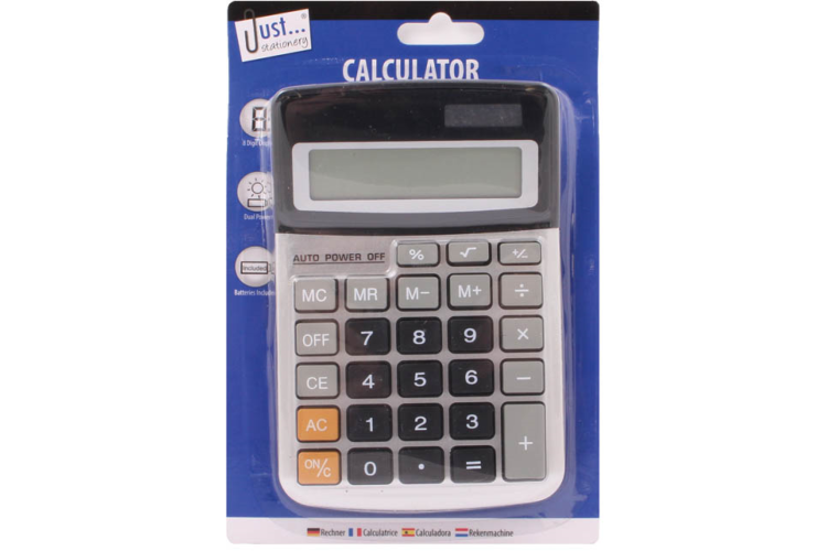 Just Stationery Dual Powered Midi Desktop Calculator, Black/Silver